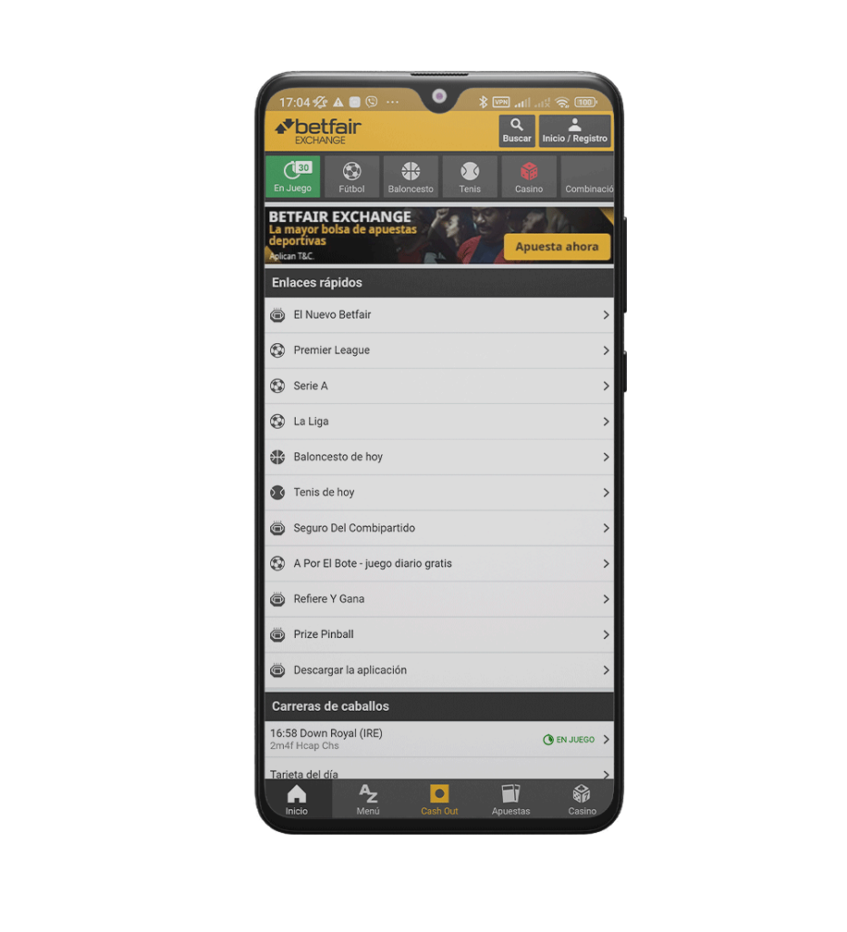 Betfair interface da aplicação móvel no Brasil