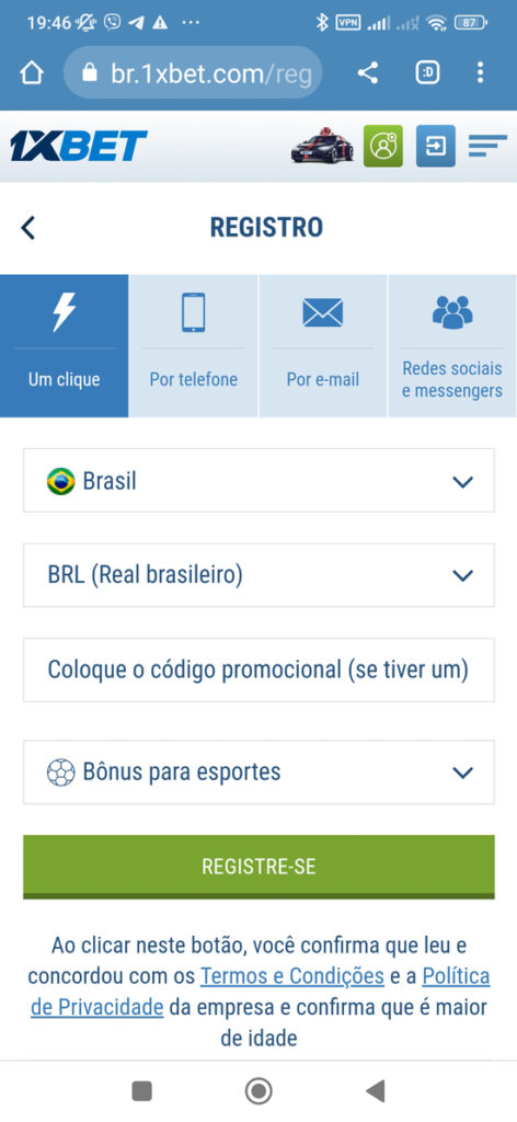 Instruções passo a passo para o registo no 1xBet Brasil