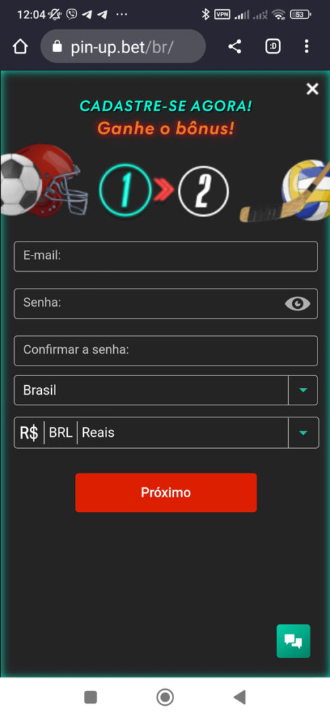 Instruções passo a passo para o registo no Pin-Up Brasil