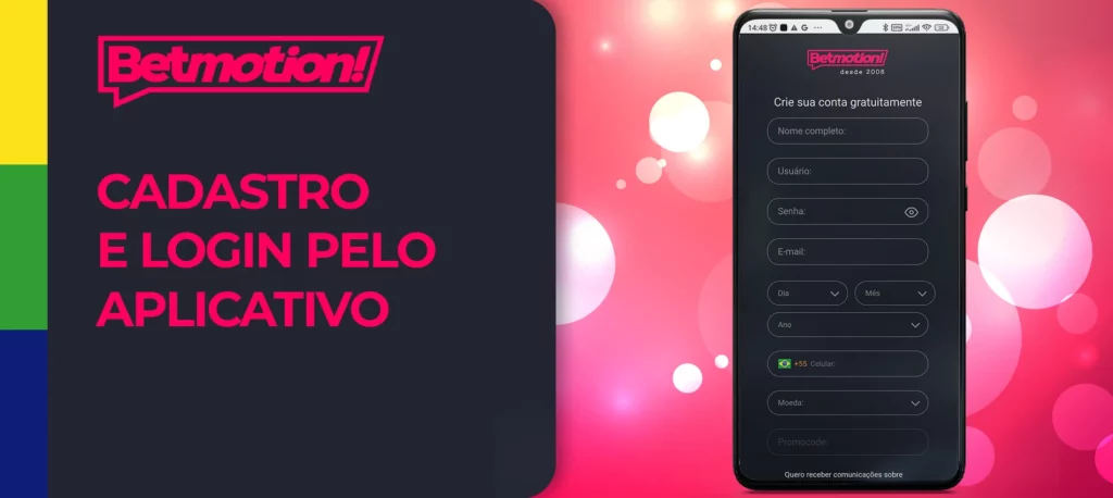 Registo e login na aplicação móvel Betmotion Brasil, como registar-se 
