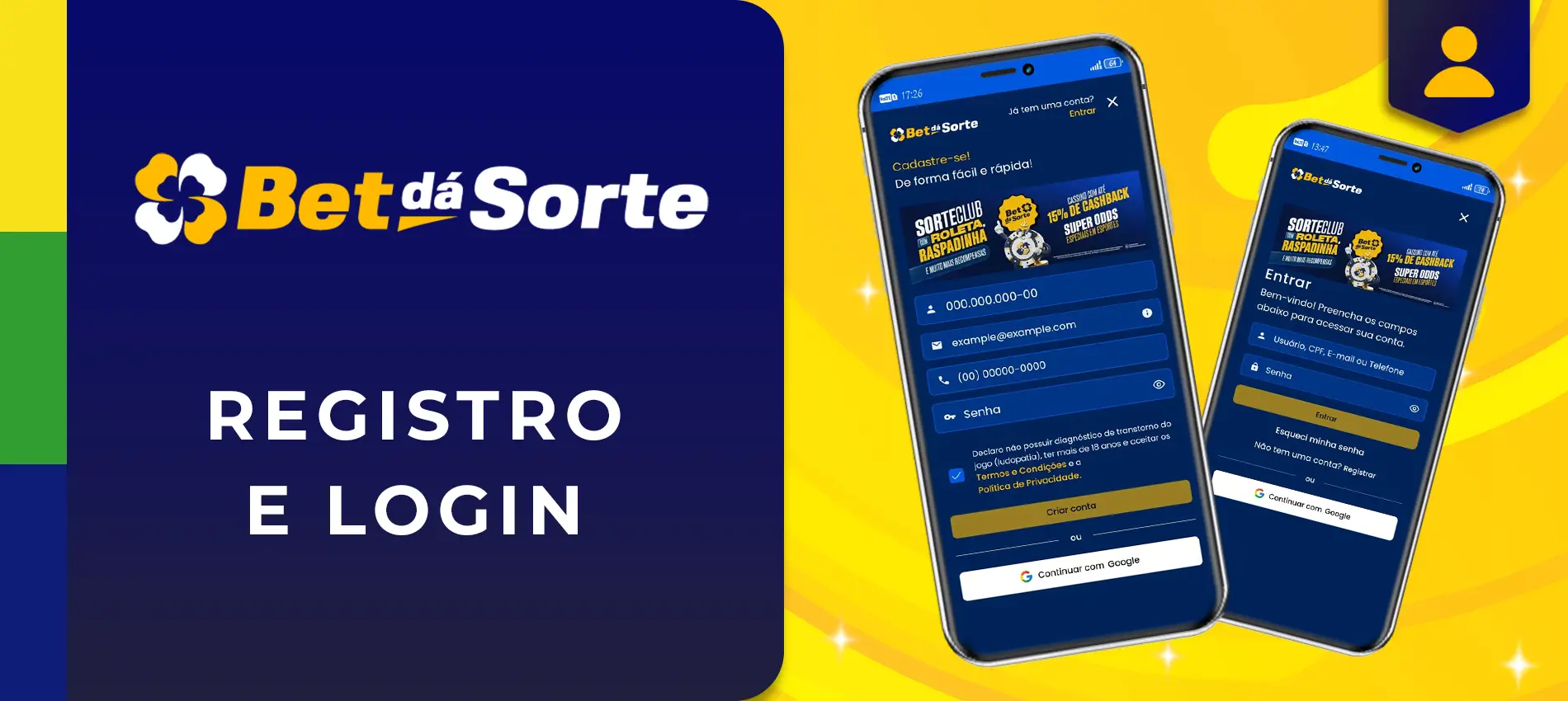 Registro e login via Bet Da Sorte app